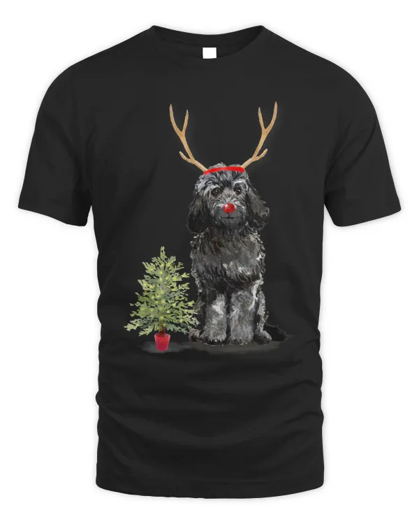 Cute Black White Cockapoo Puppy Christmas Reindeer Antlers