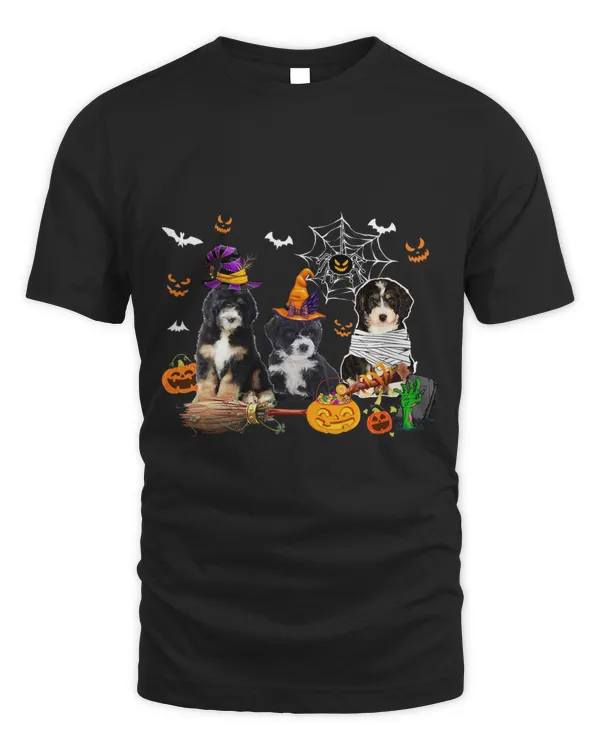 Three Bernedoodle Dogs Witch Halloween Mummy Scary Pumpkins
