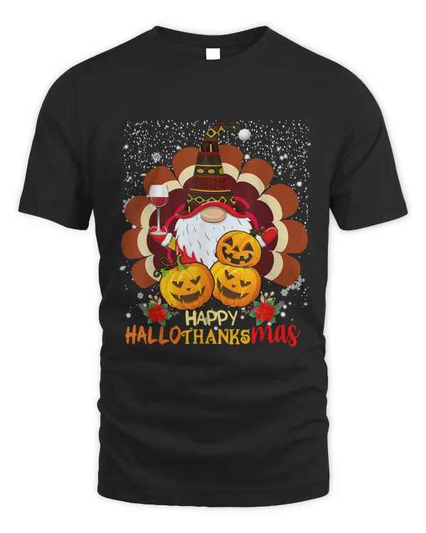 Happy Hallothanksmas Cute Gnome Wine Pumpkin Turkey Snow 255