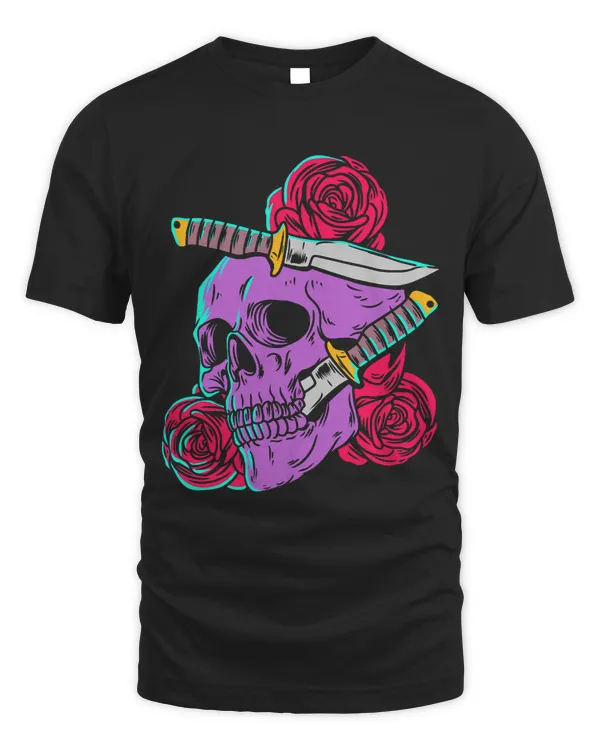 Red Roses and Skull with Knife Gothic Calaveras Skeleton 701