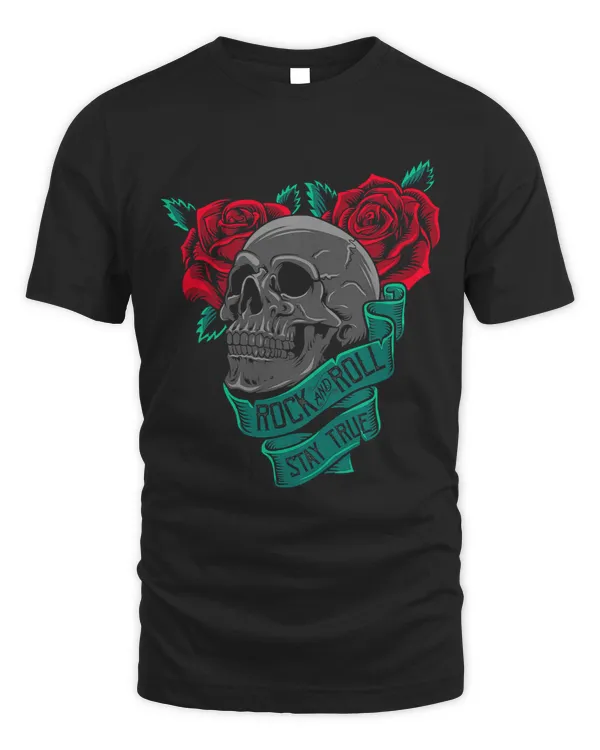 Rock and Roll Stay True – Rock n Roll Goth Skull With Roses 292