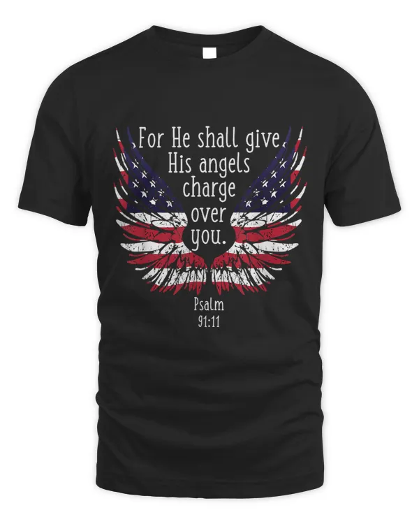 Bible Quote Psalm 9111 Angel Wings Flag Distressed Graphic