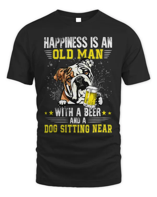 Happiness Is An Old Man With A Beer And Cute English Bulldog