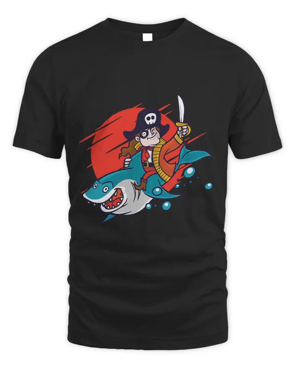 Laughing pirate captain with his sword riding on shark