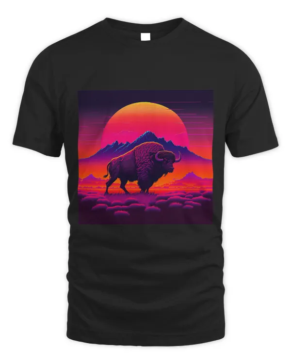 Buffalo Prairie Sunset 80s Vaporwave Digital Pixel Art