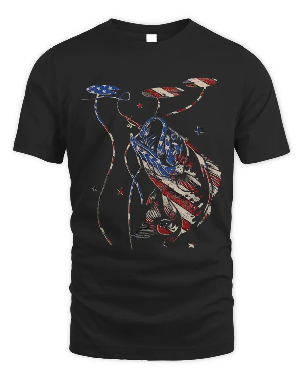 Big Bass Rising American Flag Fish Grunge Bass Fishing USA
