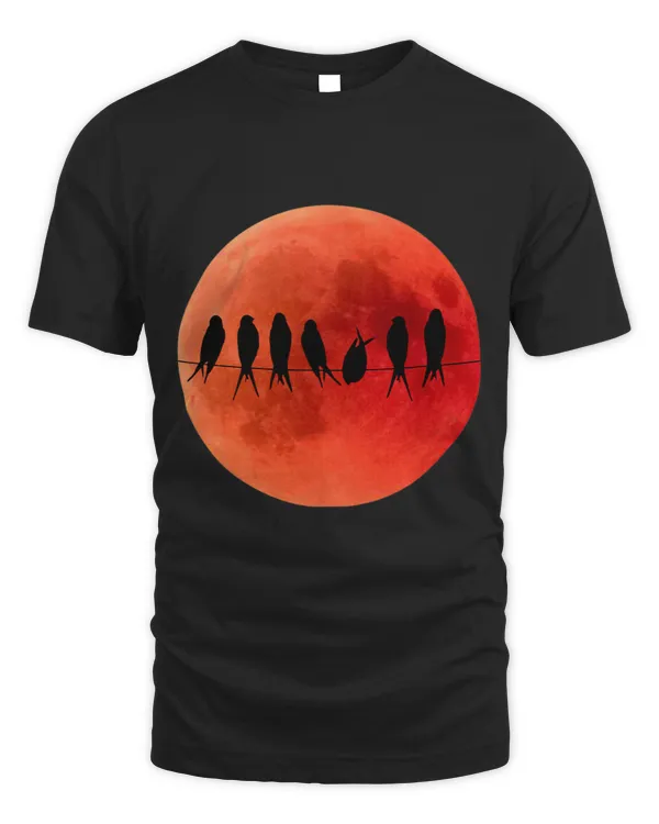 Blood Moon Lunar Eclipse Birds on Cable Silhouette