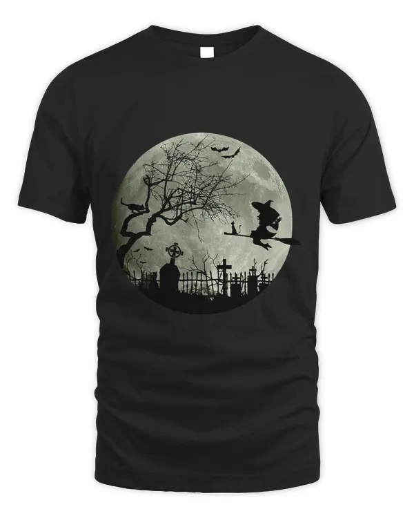 Halloween Moonlight Witch Flying Broomstick Bats Graveyard