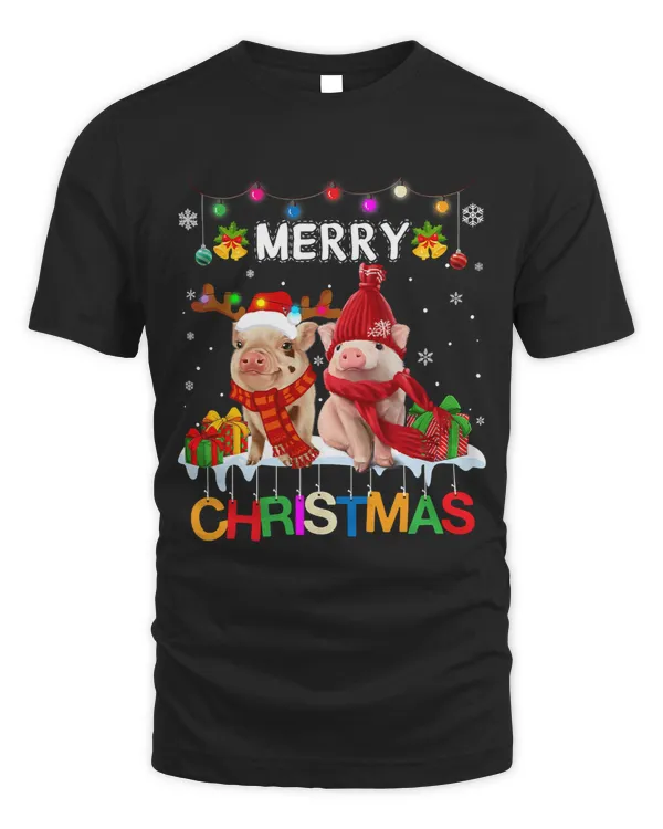 Merry Christmas Pig Shirt Funny Santa Hat Xmas Lights Kids 79