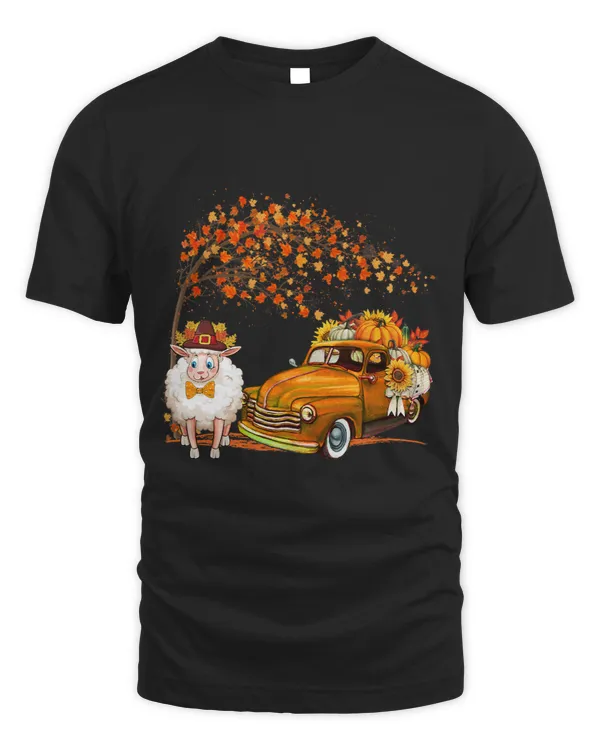 Sheep Wearing Hat Fall Tree Pickup Truck Carrying Pumpkins