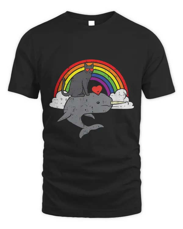 Black Cat Riding Narwhale Rainbow Heart Funny Valentines Day