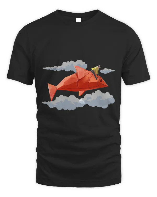 Girl Riding Origami Paper Fish Clouds Aesthetic
