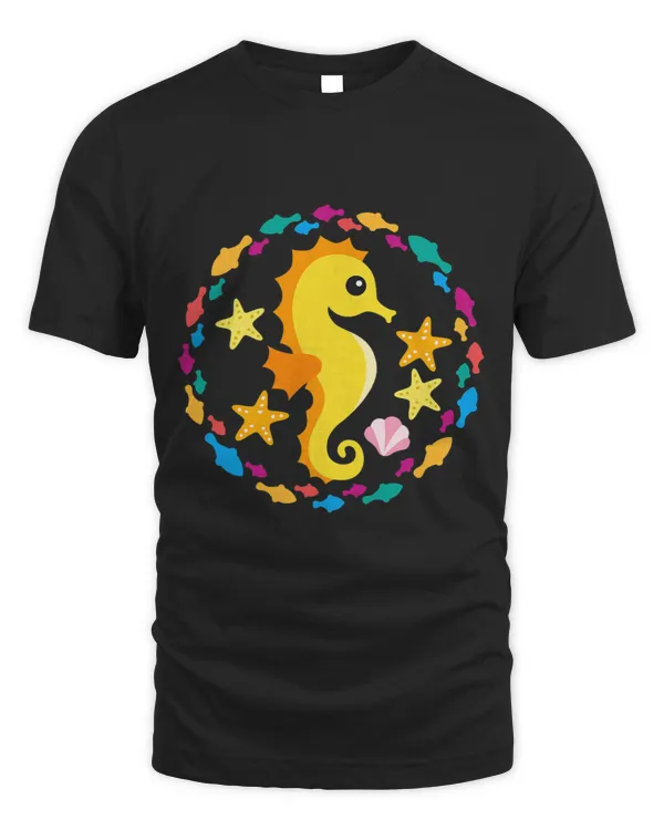 Fun seahorse with starfish in the circle of fish