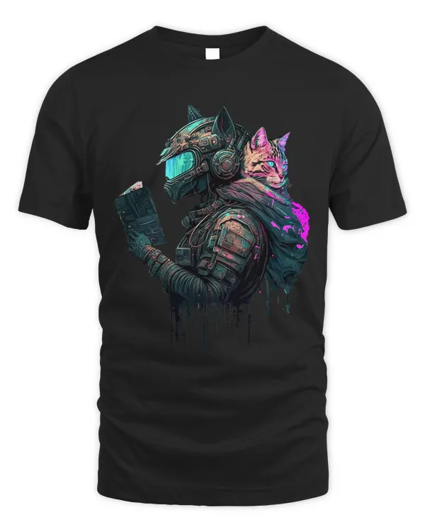 Cyber Cat Protector Punk Synthwave Reading Futuristic Cool