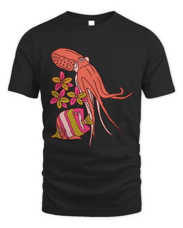 Bright Exotic Fish And Octopus Drawing With Tropical Flowers