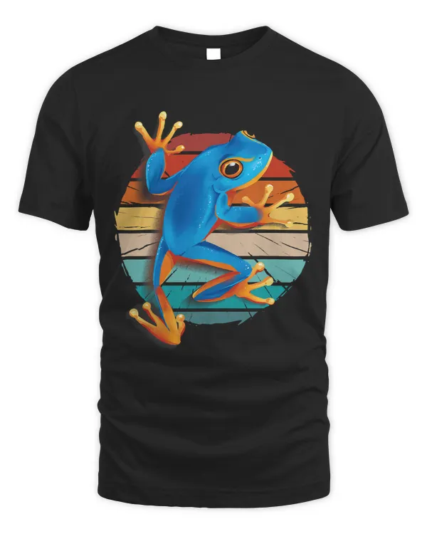 Vintage retro sunset realistic blue tree frog climbing frogs