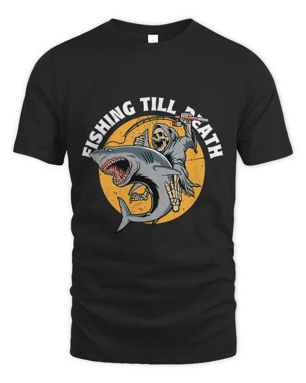 Skeleton Skull Riding Shark Fishing Till Death Fisherman