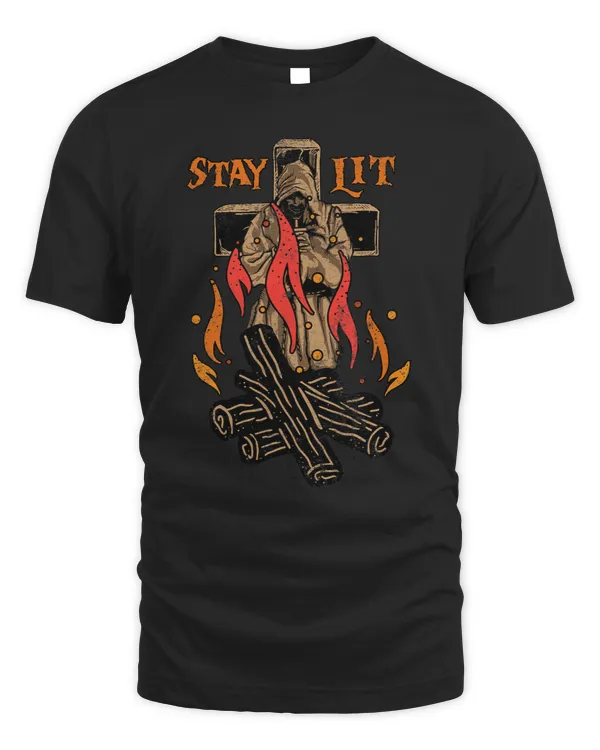 Stay Lit Tee With Burning Wizard on cross medieval halloween