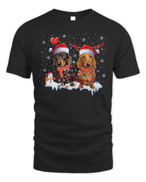 Wiener Christmas Dachshund Couple In Santa Hat Reindeer Lights Xmas 452 Dachshund Doxie