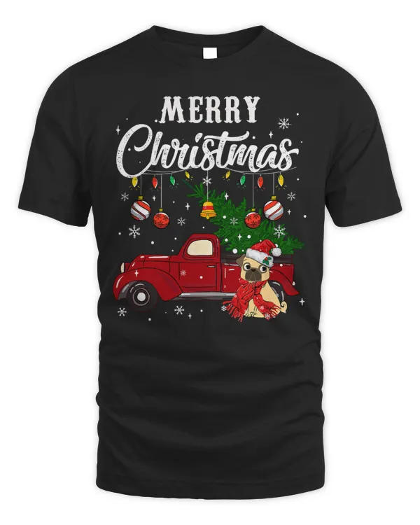 Pug Lover Xmas Tree Red Truck Merry Christmas Pajama 34 Pugs Dog
