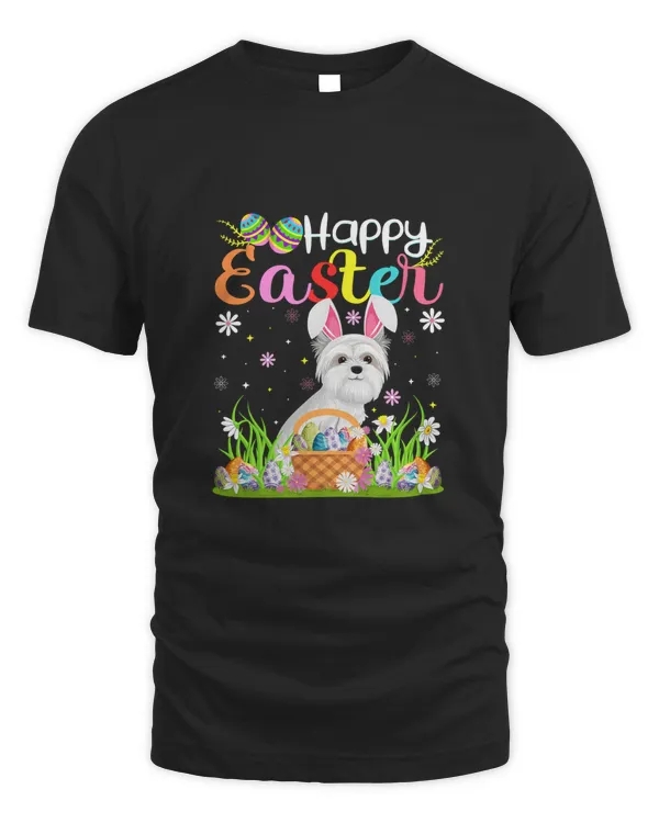 Funny Egg Hunting Bunny Maltes Dog Happy Easter T-Shirt