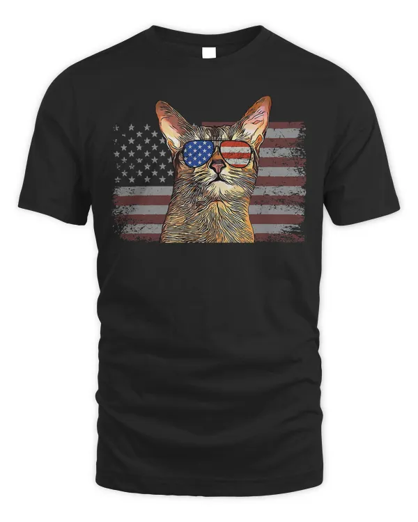 Abyssinian Cat July 4th Retro USA American Flag T-Shirt