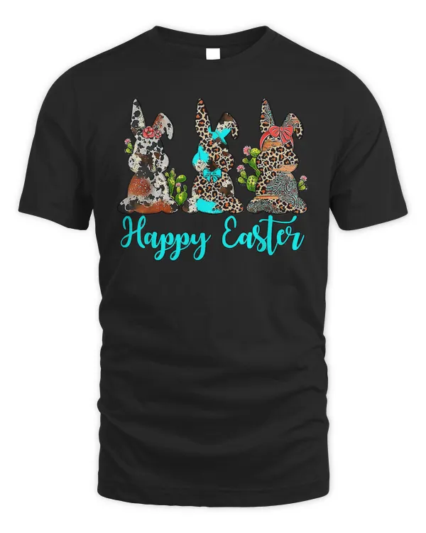 New western leopard cowhide turquoise bunnies happy easter day t-shirt