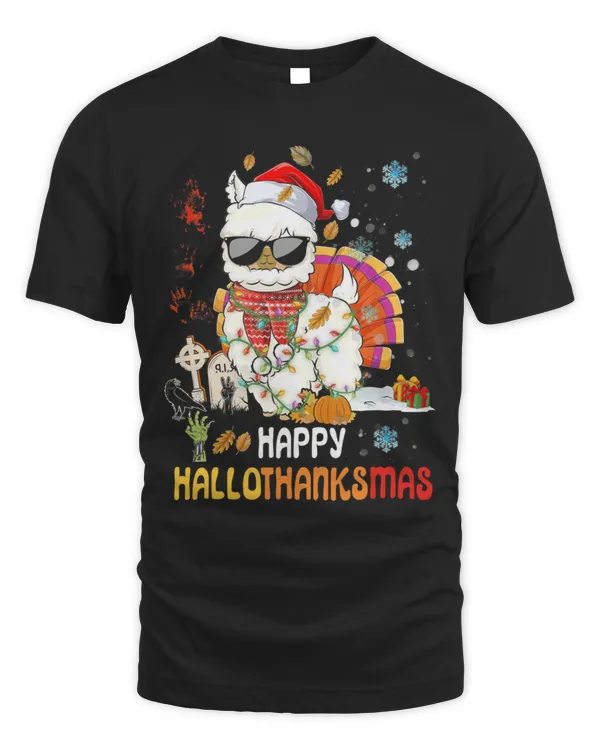 Llama Happy Hallothanksmas Halloween Thanksgiving T-Shirt