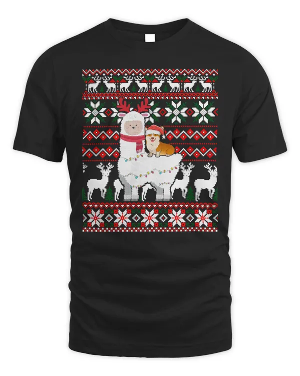 Funny Corgi Riding Llama Christmas Gifts Corgi Ugly Sweater Shirt T-Shirt