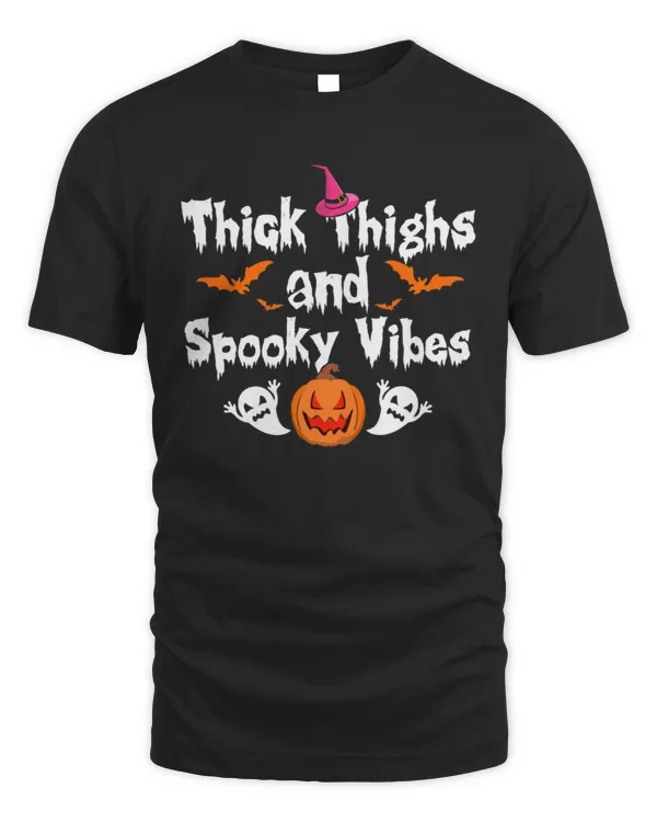 Thick Thighs and Spooky Vibes Halloween funny pumpkin face ghosts and witch hat graphic T-Shirt