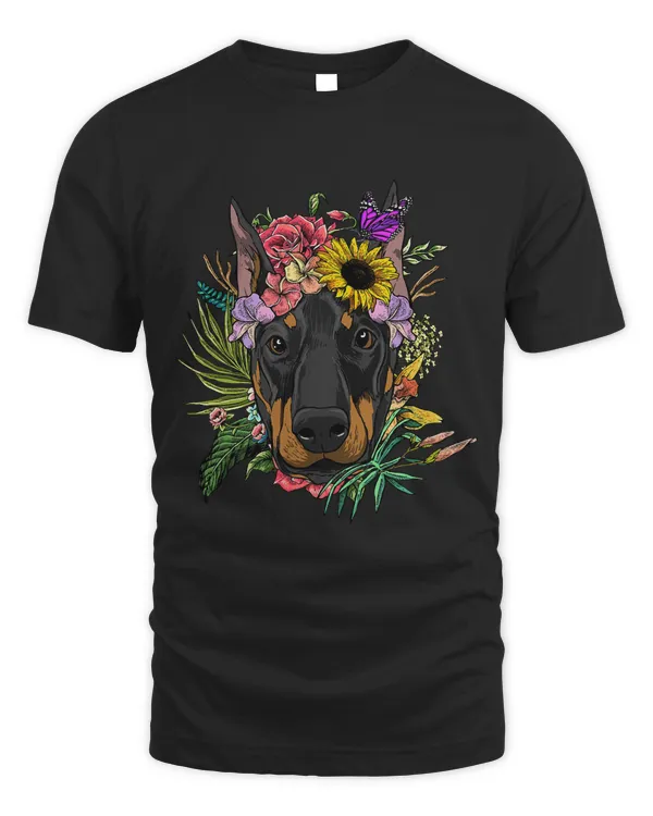 Floral Doberman Dog Spring Nature Dog Lovers T-Shirt