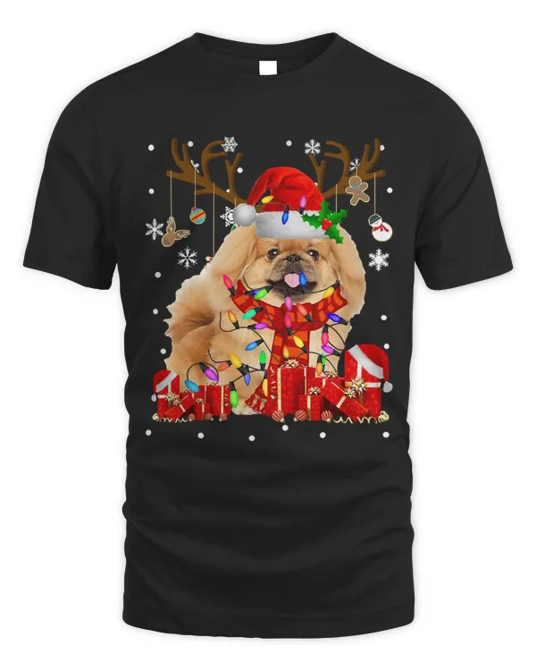 Funny Pekingese Dog Reindeer Christmas Light Dog Lover Gift T-Shirt