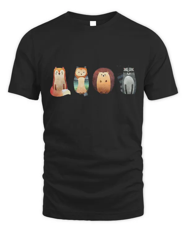 Cute Woodland Creatures Fox Owl Hedgehog Racoon T-Shirt