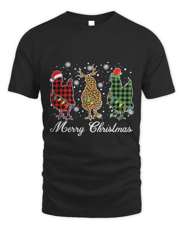Merry Christmas Three Chicken Buffalo Leopard Plaid Matching T-Shirt