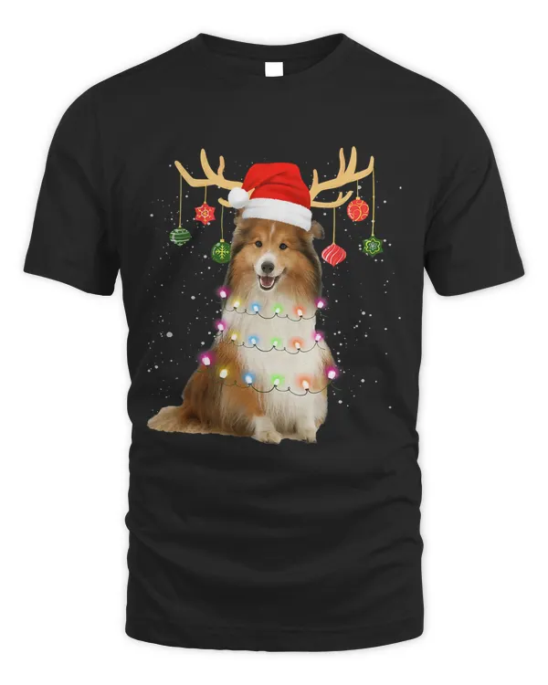 Reindeer Sheltie Dog Santa Hat Christmas Light Xmas Sheltie T-Shirt