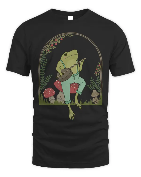 Cottagecore Aesthetic Frog Playing Banjo on Mushroom Cute T-Shirt