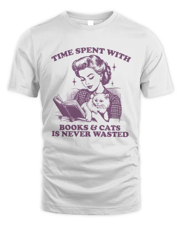 Time Spent With Books And Cats is Never Wasted Shirt, Book Shirt, Retro Reading Shirt, Bookish Tee, Vintage Cat Shirt, Cat Lover Shirt, Mom Gift