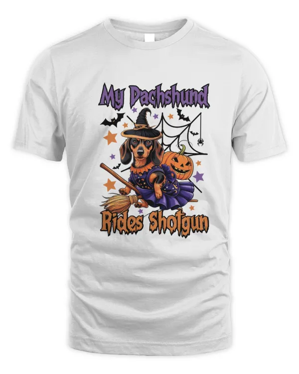 My Dachshund Rides Shotgun Funny Cute Halloween Broomstick