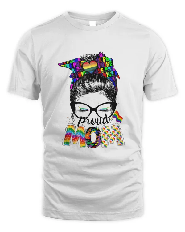 Womens Proud Mom Messy Bun Pride Flag Tshirt LGBT