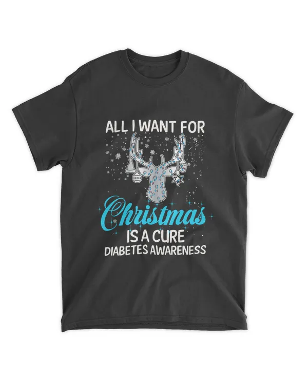 RD All I Want for Christmas Is a Cure for Diabetes Shirt, Reindeer with Gray Blue Ribbon Gift for Type 1 Diabetes Warrior