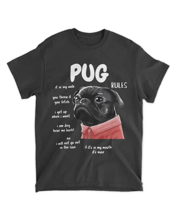 Cute Kawaii Funny Black Pug Dog Rules Gifts Men Women Kids T-Shirt