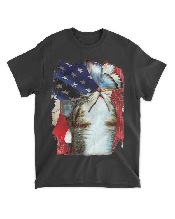 Cat Kitten Butterfly American Flag 4th July Indepe