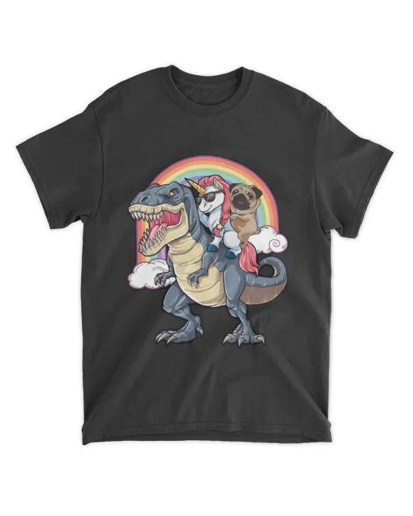 pug riding dinosaurs unicorn