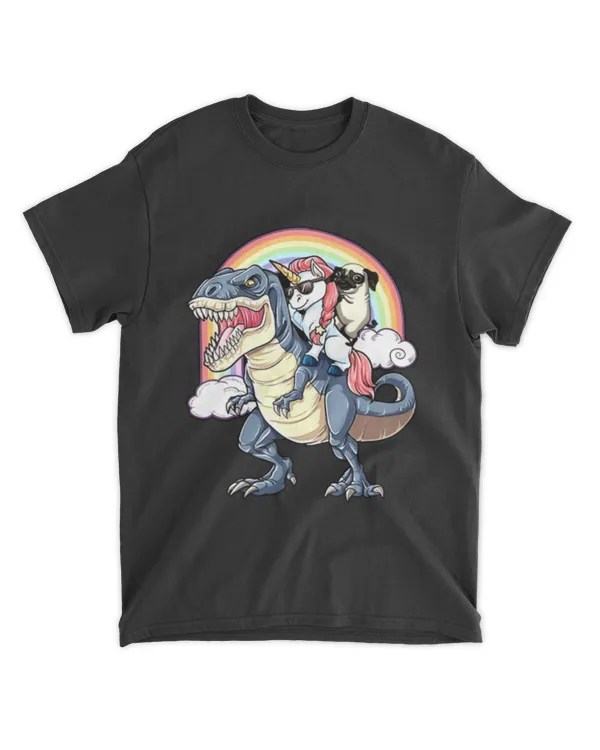 pug unicorn riding dinosaur
