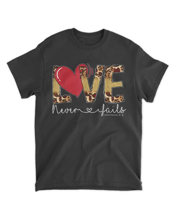 Love Never Fails Christian Valentines Leopard Heart Womens