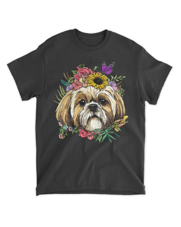 Womens Floral Shih Tzu Dog Spring Nature Shih Tzu Lovers V-Neck T-Shirt