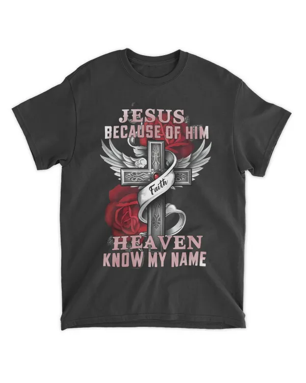 Jesus Because of Him Heaven Knows My Name T-Shirt, Faith Cross and Roses Christian Tee, Inspirational Religious Shirt for Women and Men, Christian Apparel