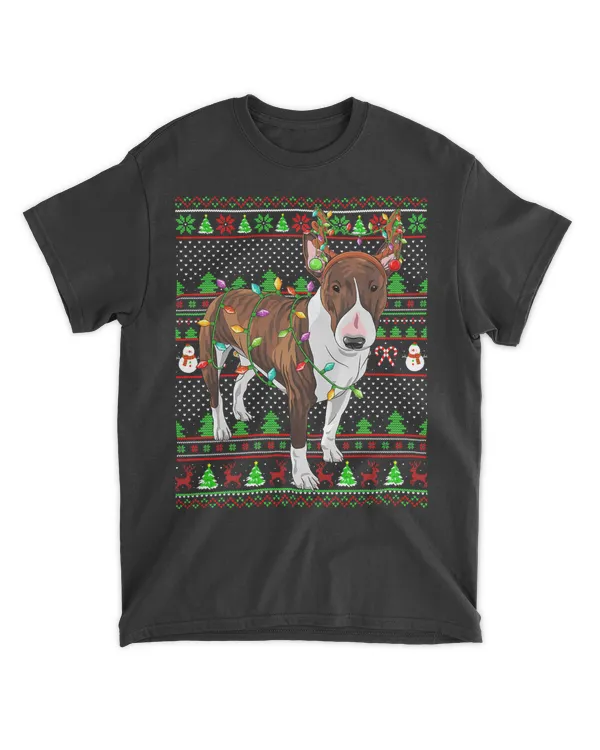 Ugly Xmas Sweater Style Lights Bull Terrier Dog Christmas T-Shirt