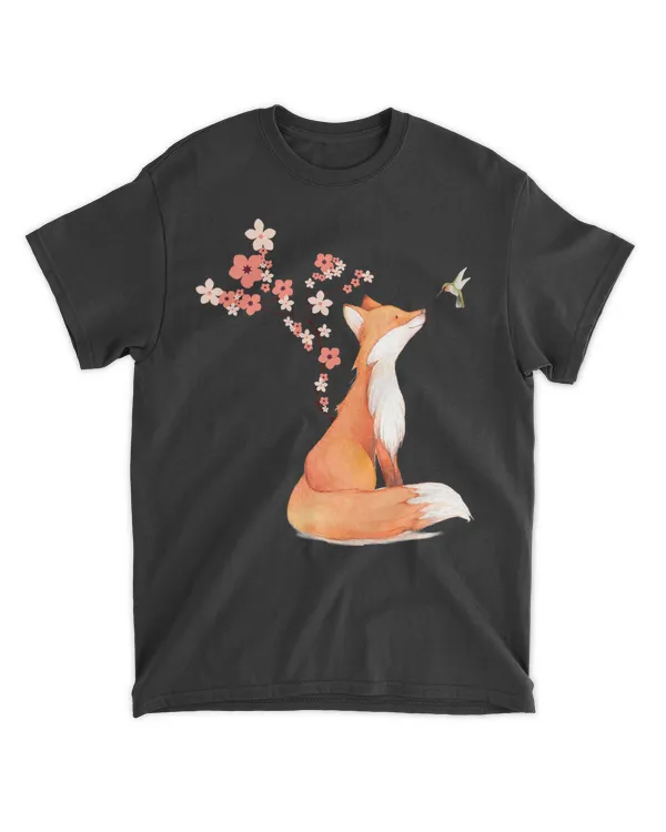 The Cute Fox And Hummingbird Cherry Blossom Flower Present T-Shirt