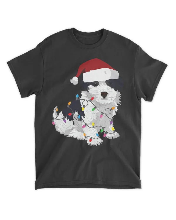 Havanese Dog, Christmas, Green, Santa Hat, Holiday Lights T-Shirt